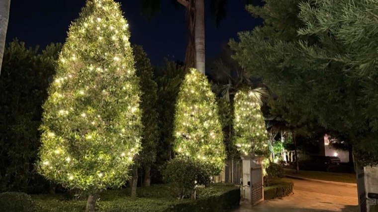 Lit topiary and hedges at dusk, Gables by the Sea